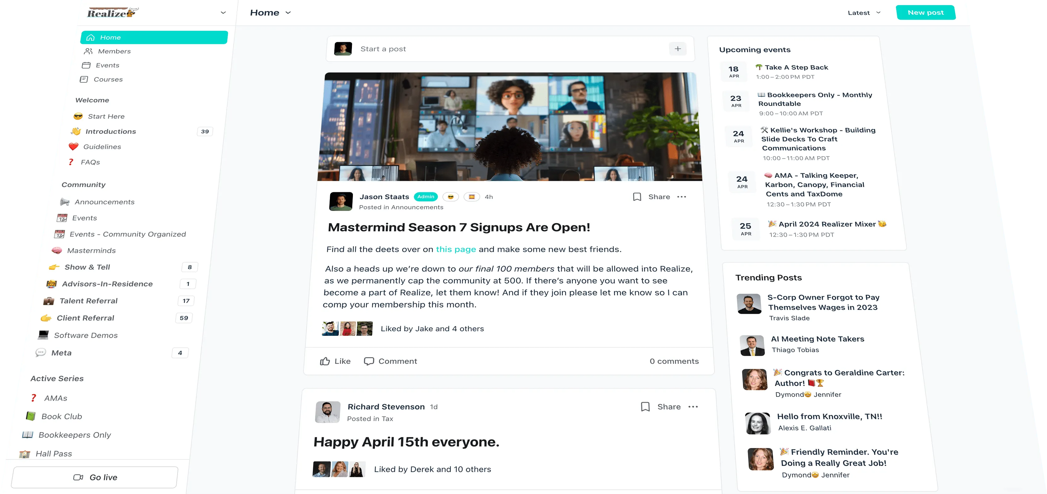 The Realize community platform: a home feed with member posts, upcoming events and trending posts.